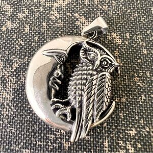 Silver Moon and Owl Pendant Necklace
